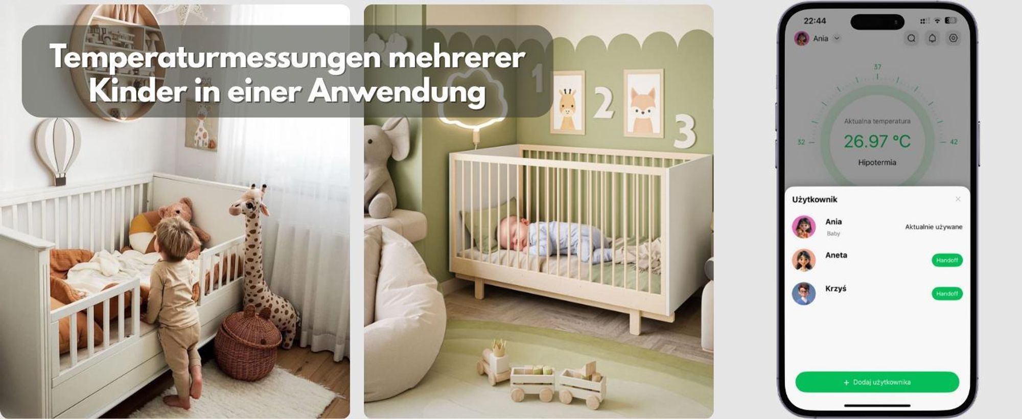 Drahtloses Thermometer für Kinder, intelligente medizinische Fieberalarm-App