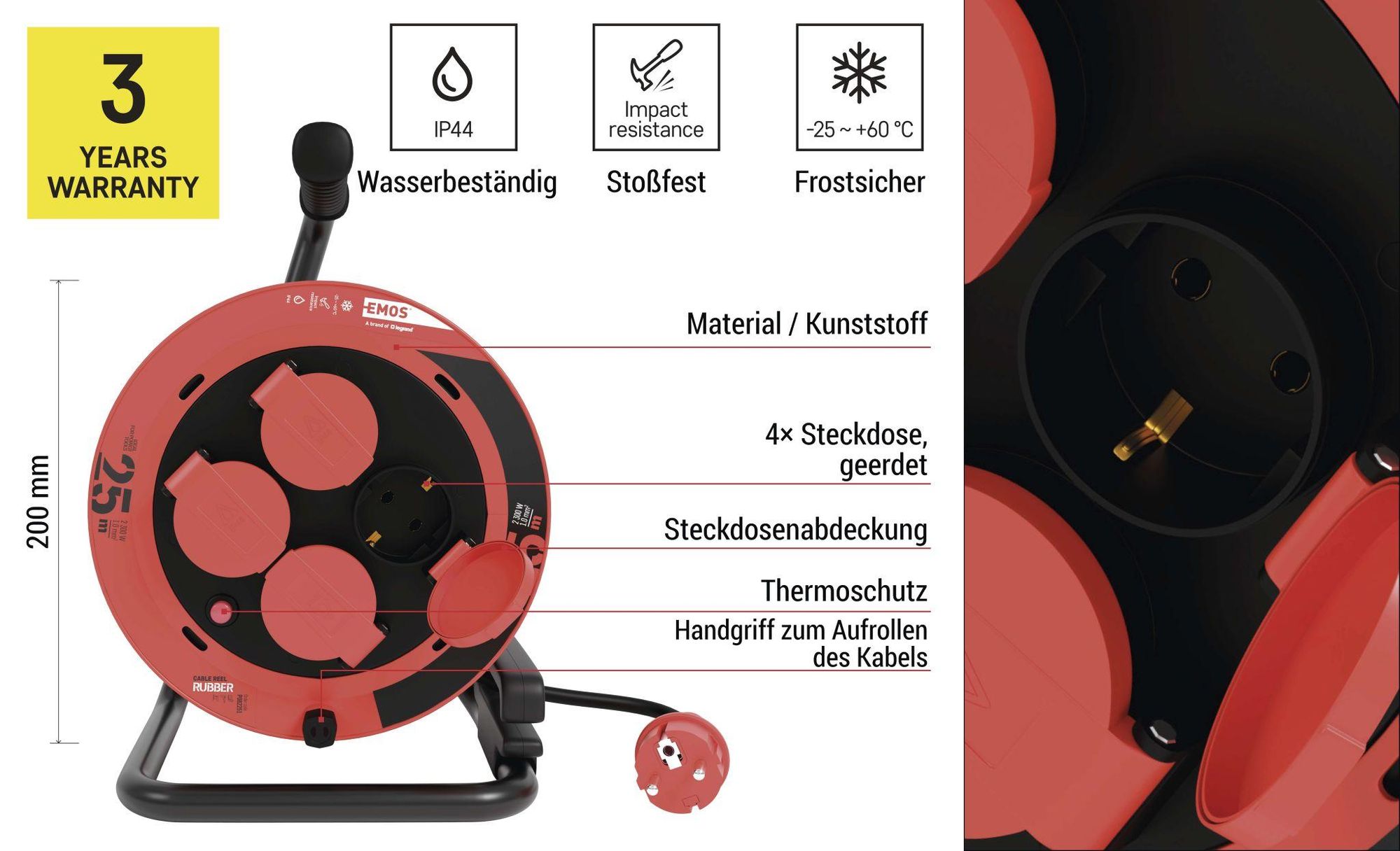 EMOS Kabeltrommel 25m, 4 Steckdosen, Spritzwassergeschützt, schlagfest, 230V, 10A, 2300W, Gummi-Isolierung, H05RR-F3G 1,0 mm2, IP44 für Außen, P082251