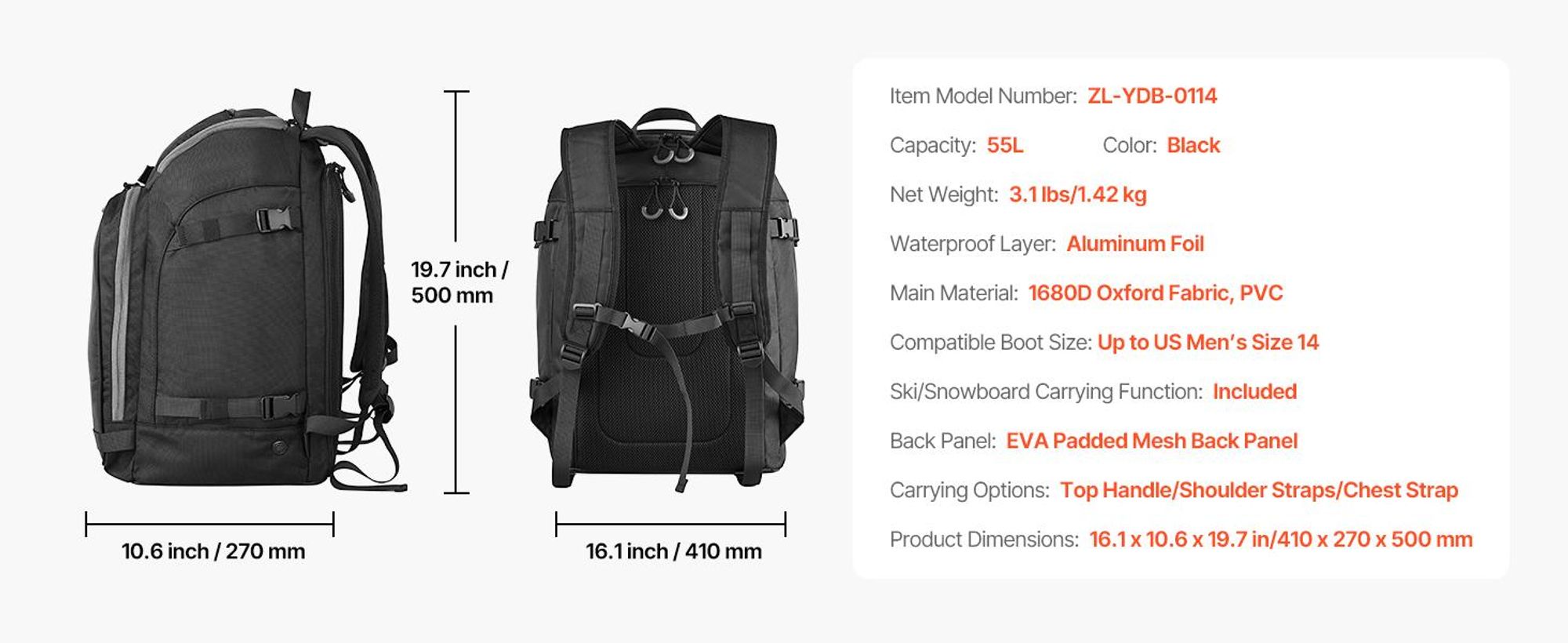 VEVOR Skischuh Tasche, 70L, Snowboard Boots Reisetasche für Männer und Frauen, mit wasserdichtem Außen- und Bodenbereich, strapazierfähigem 1680D Oxford, Tasche für Skier, Snowboard, Helm, Goggles, Handschuhe, Zubehör (Schwarz), Schneestiefeltasche-b, 410x270x500 mm (55 L)