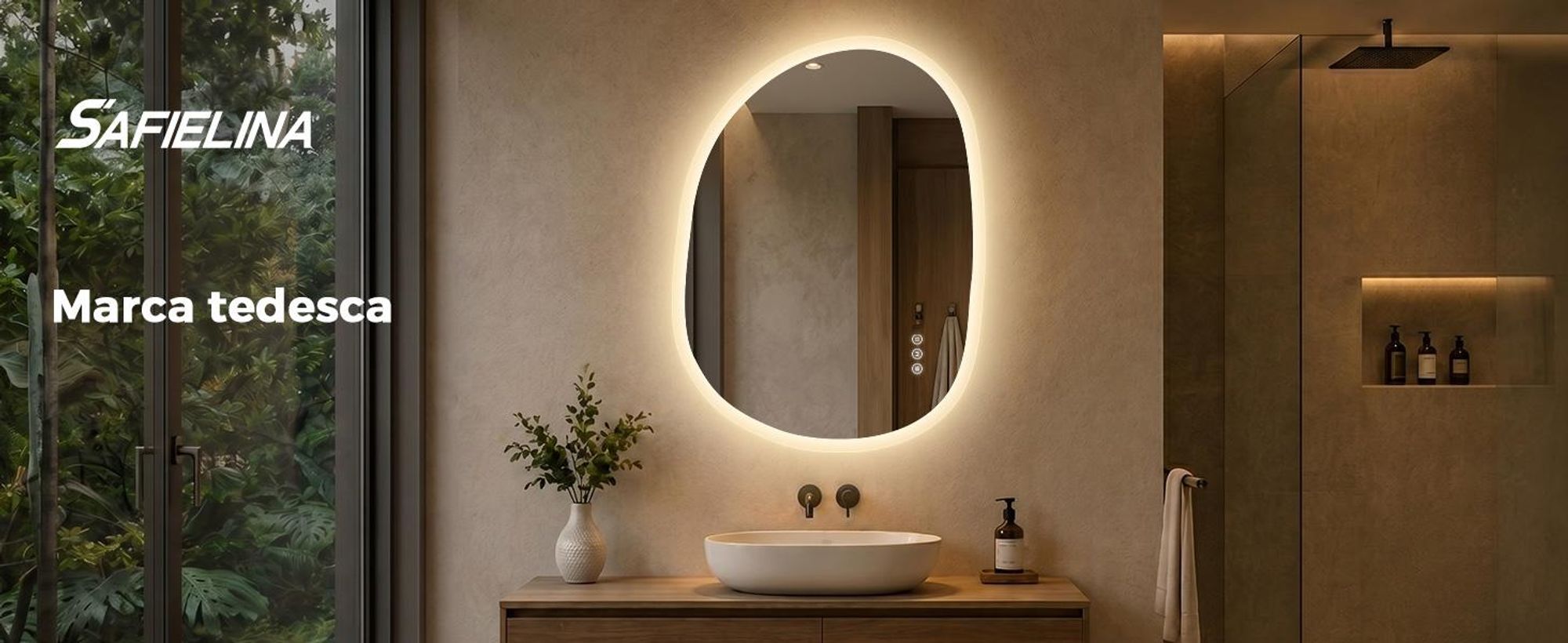Specchio da bagno illuminato S'AFIELINA, 60x80 cm, specchio LED asimmetrico, senza cornice, 3 tonalità di luce, dimmerabile, antiappannamento, funzione di memoria