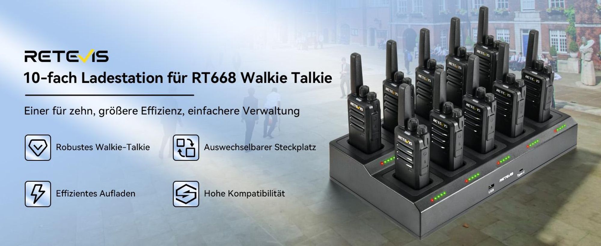 Retevis RT668 Funkgeräte mit 10-in-1 Ladegerät, Effizientes Laden, Abnehmbare Steckplätze, Walkie Talkie Erwachsene für Schule, Esszimmer(10 STK)