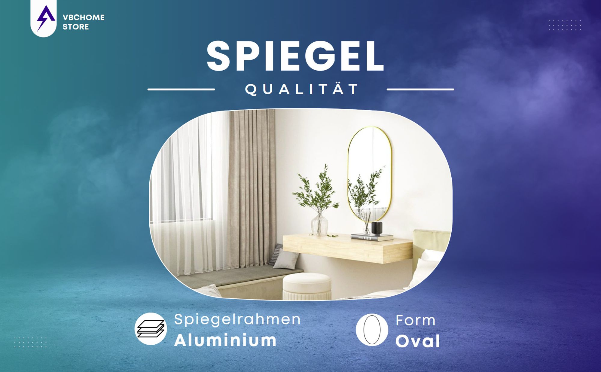 VBChome Oval Spiegel 80 x 40 cm Schwarz Aluminiumrahmen–Elegante Dekoration für Wohnzimmer, Bad, Flur, modernes und stilvoller Spiegel für Innenräume