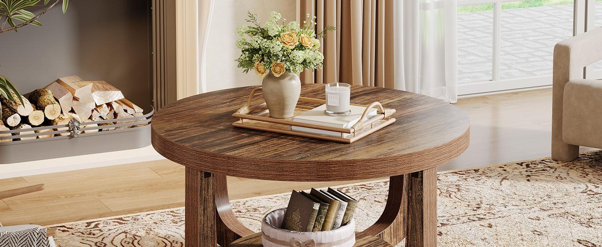 Tribesigns Runder Couchtisch, 2-stufiger runder Couchtisch mit Stauraum, 80 cm moderner Akzenttisch Holz, Dicke Tischplatte und Basis,rustikales Braun