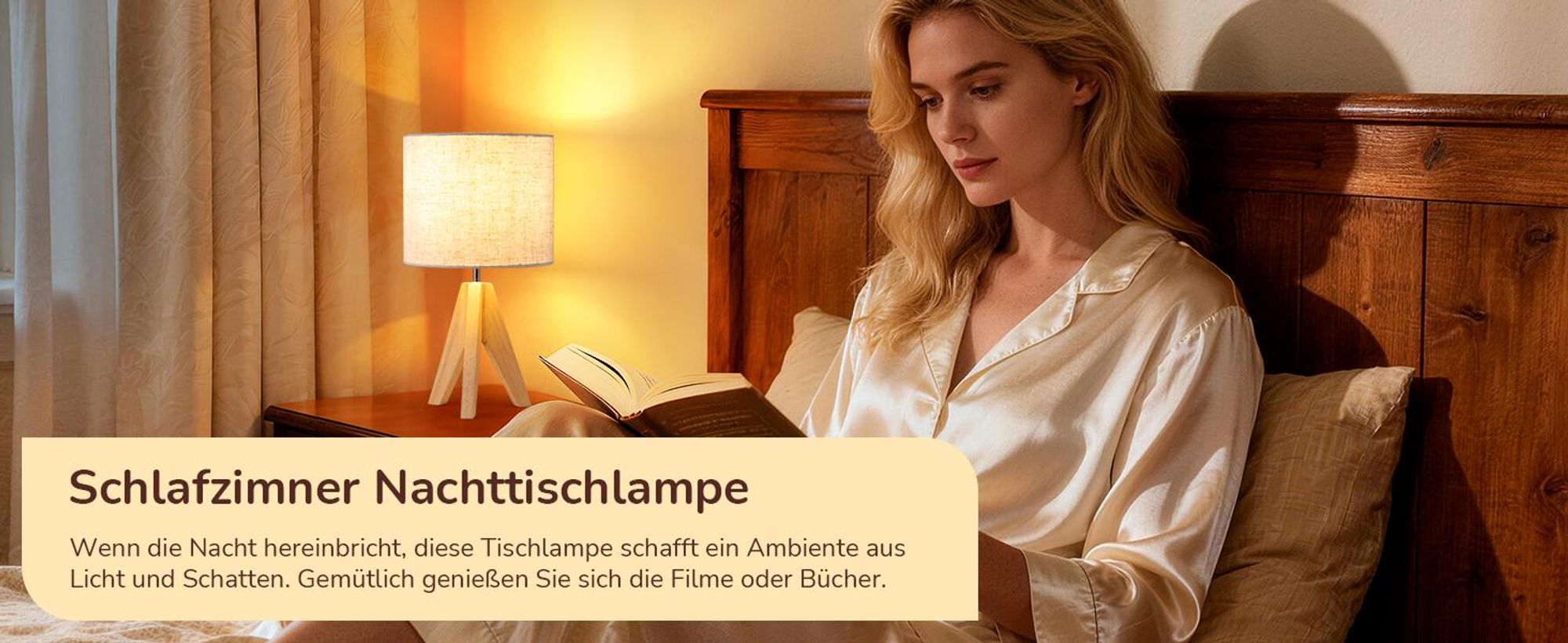 EDISHINE Nachttischlampe Tischlampe Holz, E27 Fassung, für modern Deko Schlafzimmer, Wohnzimmer, Nachttisch