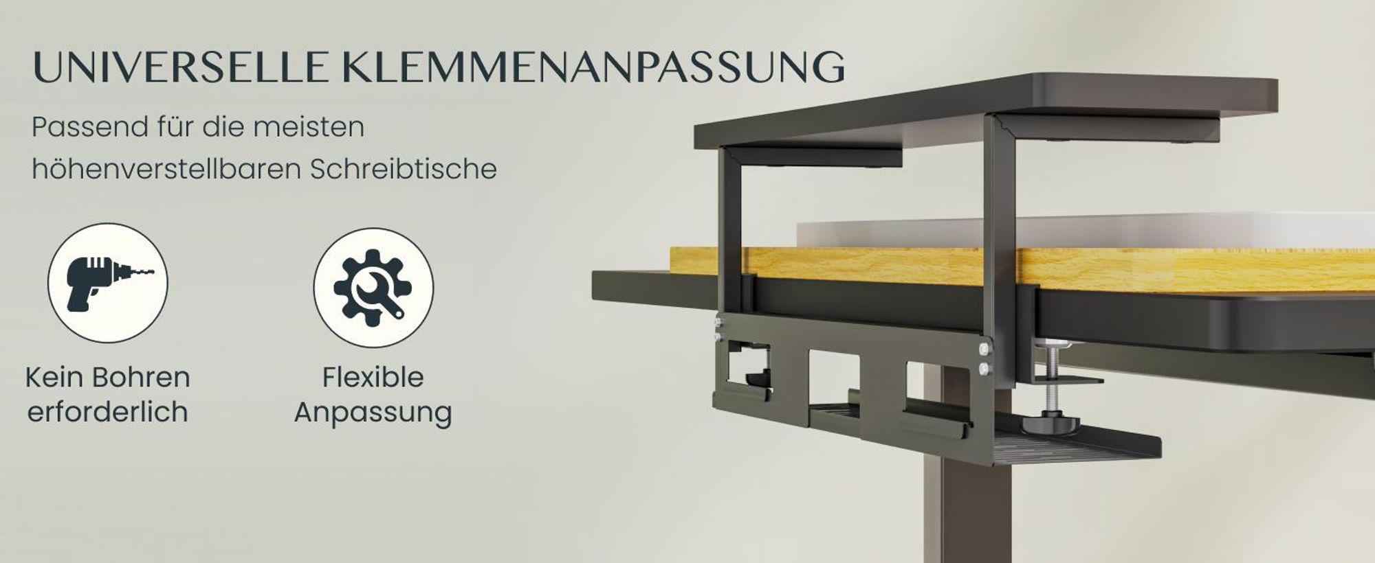 FLEXISPOT Monitorständer mit Klemme, 2 Ablagen, Kabelmanagement, 20 kg Tragkraft, 100 x 20 cm, bis 25 mm Tischplatte, Schwarz