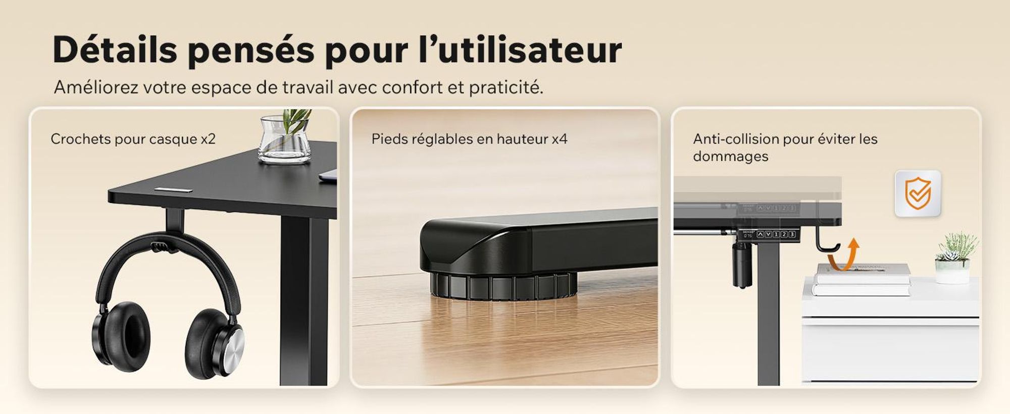 SENSE7 NOJO Light : piètement de bureau électrique réglable en hauteur | 72-118 cm, fonction mémoire, support pour casque, charge max. 70 kg, piètement en acier