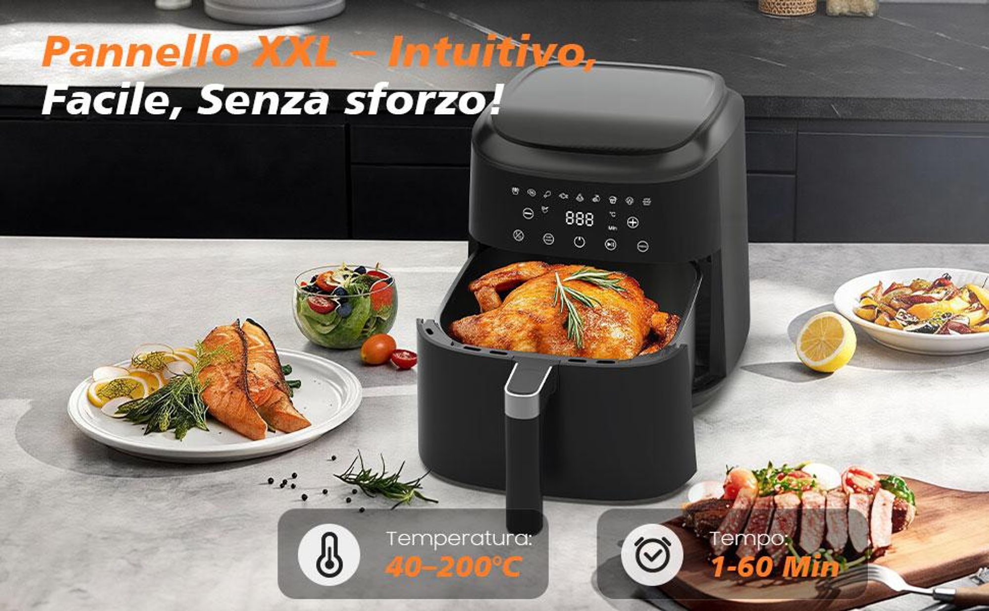 Friggitrice ad aria, 6 litri, 9 programmi di cottura, intervallo di temperatura 40–200 °C, funzione di mantenimento caldo, cestello antiaderente lavab