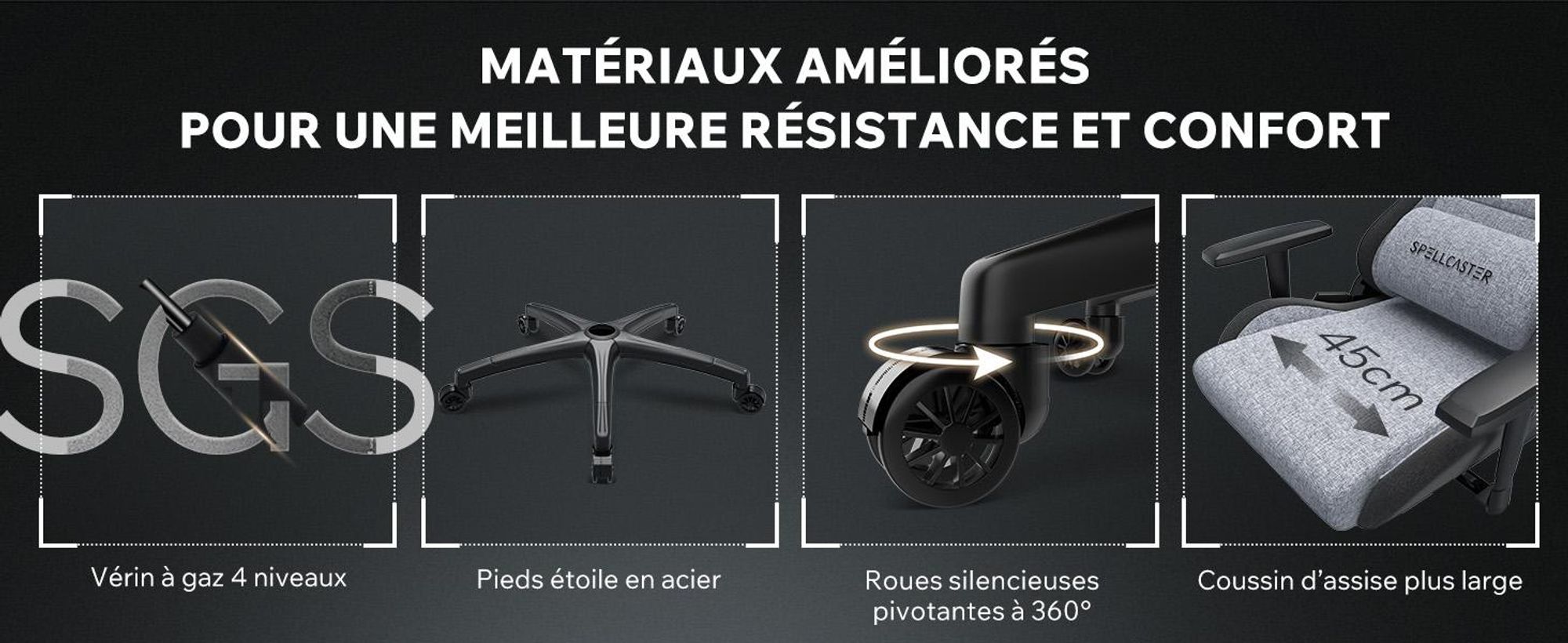 Fauteuil gaming SENSE7 Spellcaster FUKU XL en tissu gris et noir - Fauteuil de bureau ergonomique pouvant supporter jusqu'à 160 kg, avec fonction basculante et roulettes pour sols durs