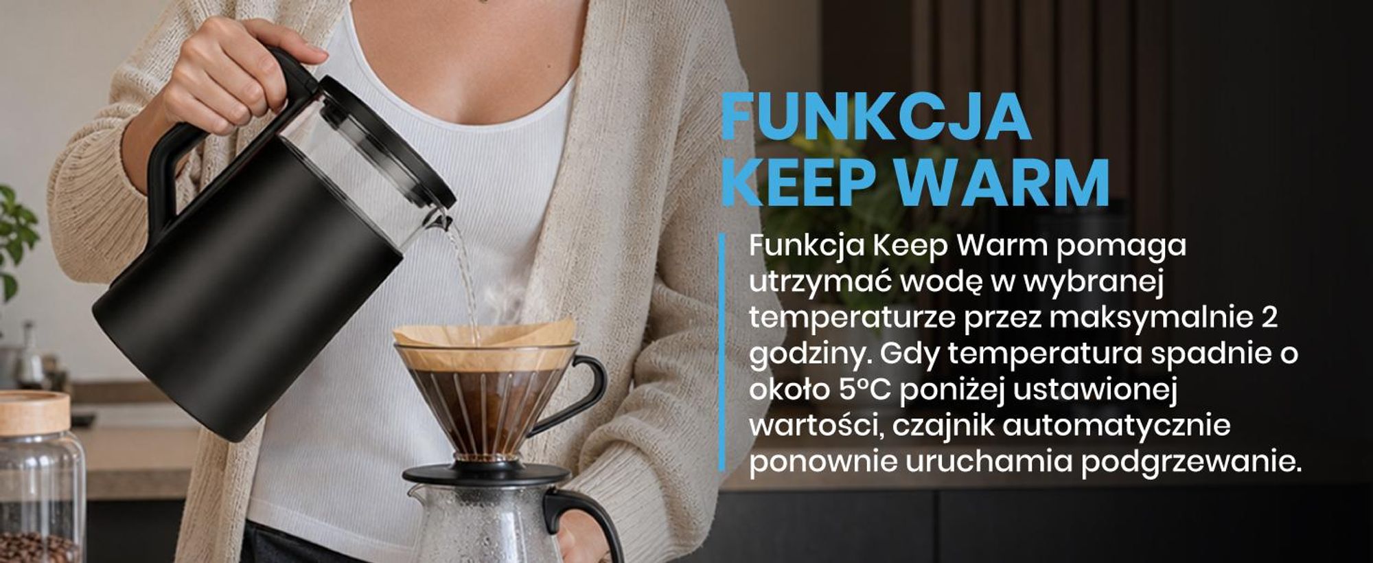 Czarny czajnik elektryczny o pojemności 1700 ml z regulacją temperatury 40-100 stopni mocy 2200W