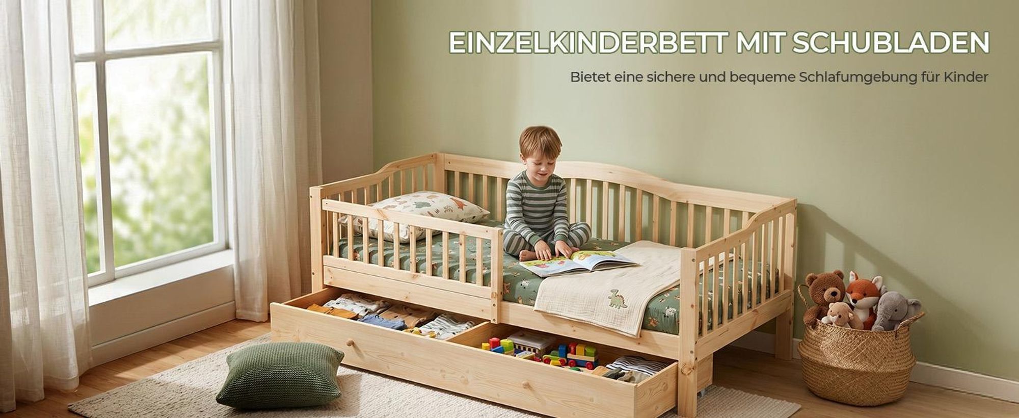 FCH Kinderbett mit Schubladen 80x160cm, Hausbett mit Lattenrost, Bodenbett mit Stauraum und Abnehmbarer Barriere, Naturbelassen
