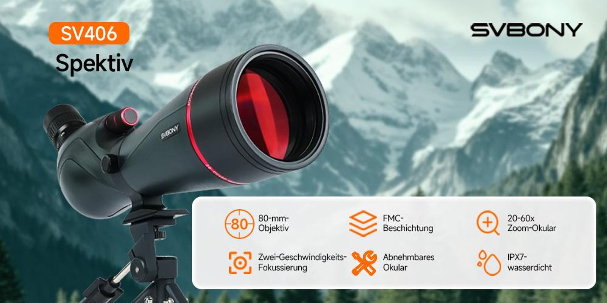 Svbony SV406 20-60x80mm Spektiv, FMC BAK4 Porro Prism mit Dual Focus, 1,25 Zoll Okular, IPX7, mit Stativ und Tragetasche für Vogelbeobachtung Schießen
