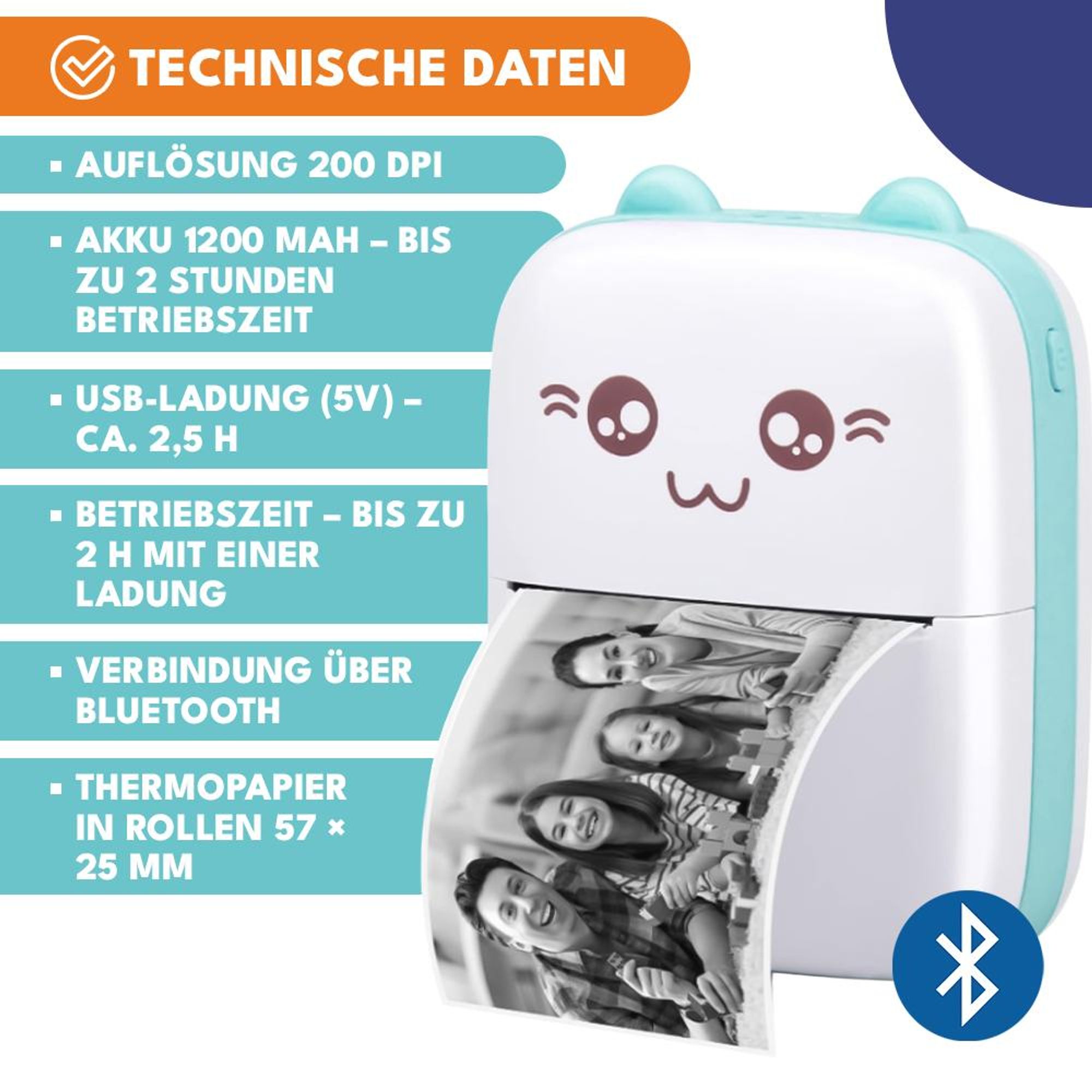 KRUMAD Mini Drucker - Kabelloser Bluetooth Thermodrucker für Smartphones, 200 DPI, Fotodrucker, ideal für Geschenke für Teenager Mädchen