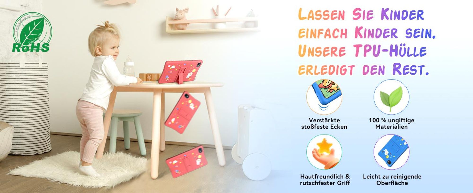 Tabwee K10 Kids 10.1" Blau Tablet, Google Kids Space, 4GB RAM+64GB ROM, Android 15 WiFi Tablet für Kind mit Kindgerechte Hülle und Stift, 5000mAh