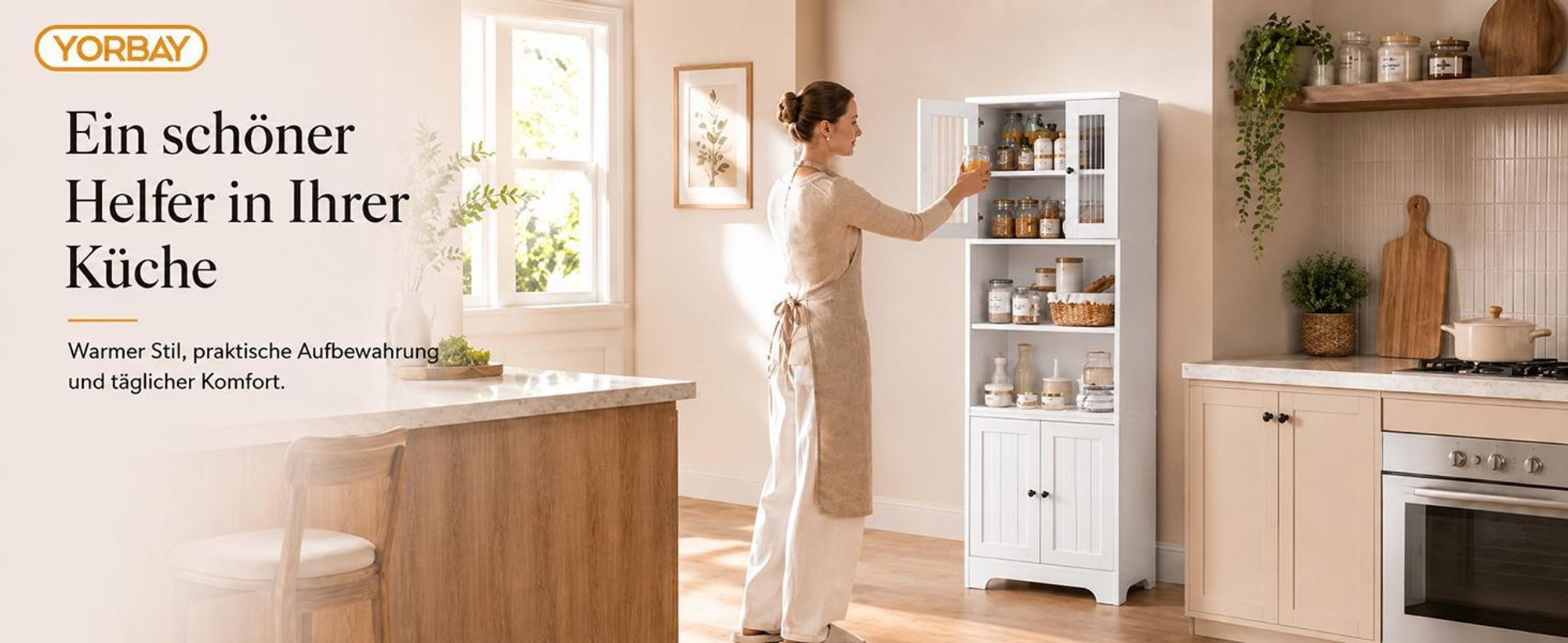 Yorbay Hochschrank Badezimmerschrank mit 2 Ablageböden und 4 Türen, Vielseitiger Aufbewahrungsschrank für Bad, Küche & Wohnzimmer, 57,5 x 28,5 x 162,5