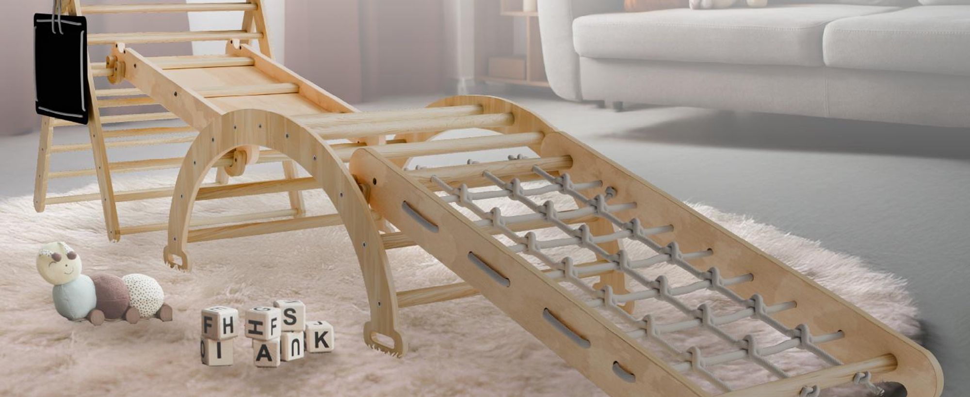 Juskys Kletterdreieck Movario - Indoor Klettergerüst für Kinder, Kletterdreieck und Kletterbogen, mit Rutsche - Groß