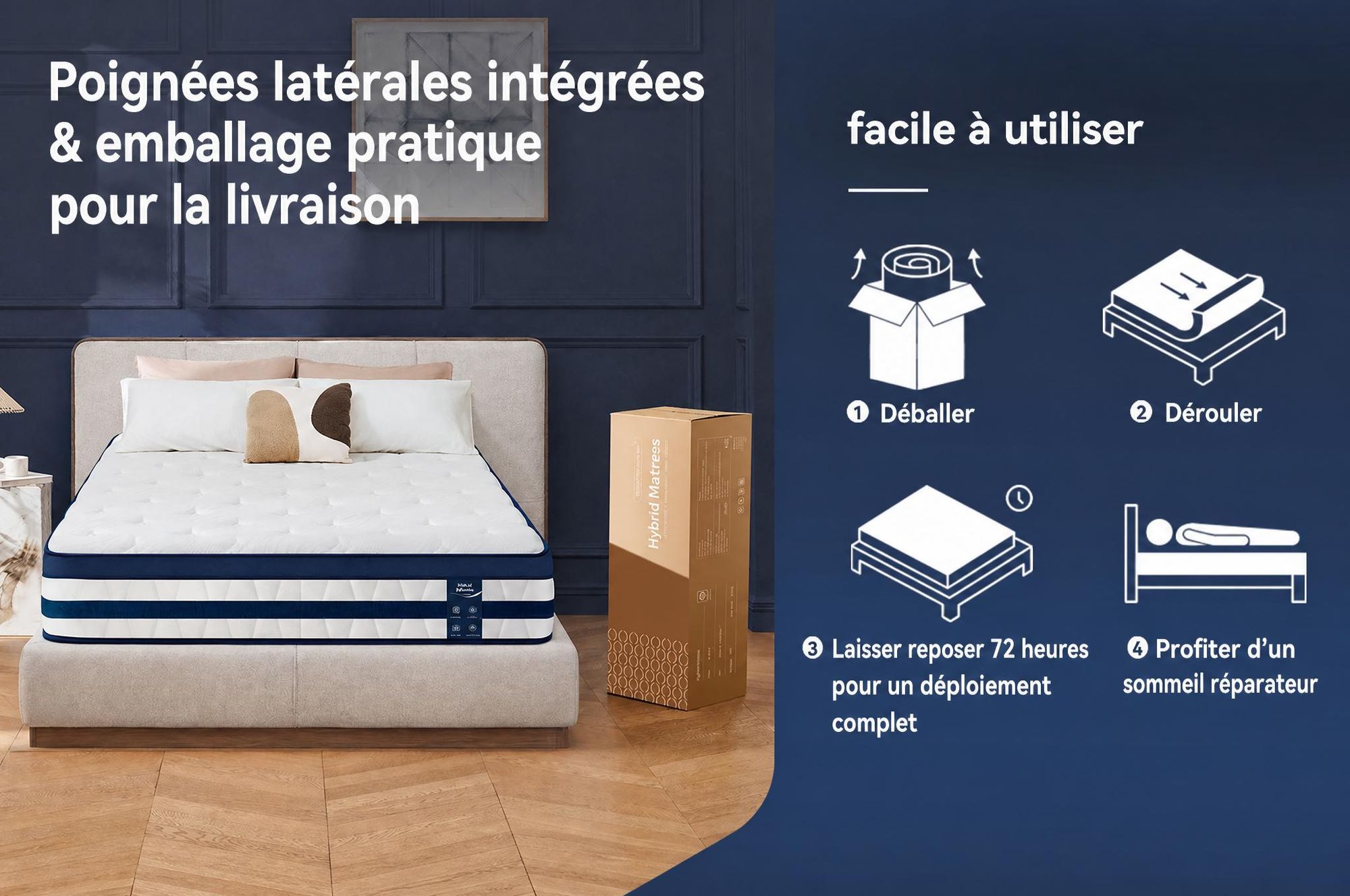 Matelas 90x200, 26 cm, avec surmatelas intégré, matelas à ressorts ensachés 7 zones, fermeté H3/H4