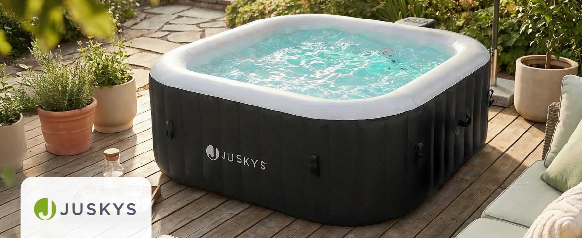 Juskys® Whirlpool SpaLuxe Schwarz/Weiß - 3000W 130 Düsen aufblasbar 185x185x65 cm