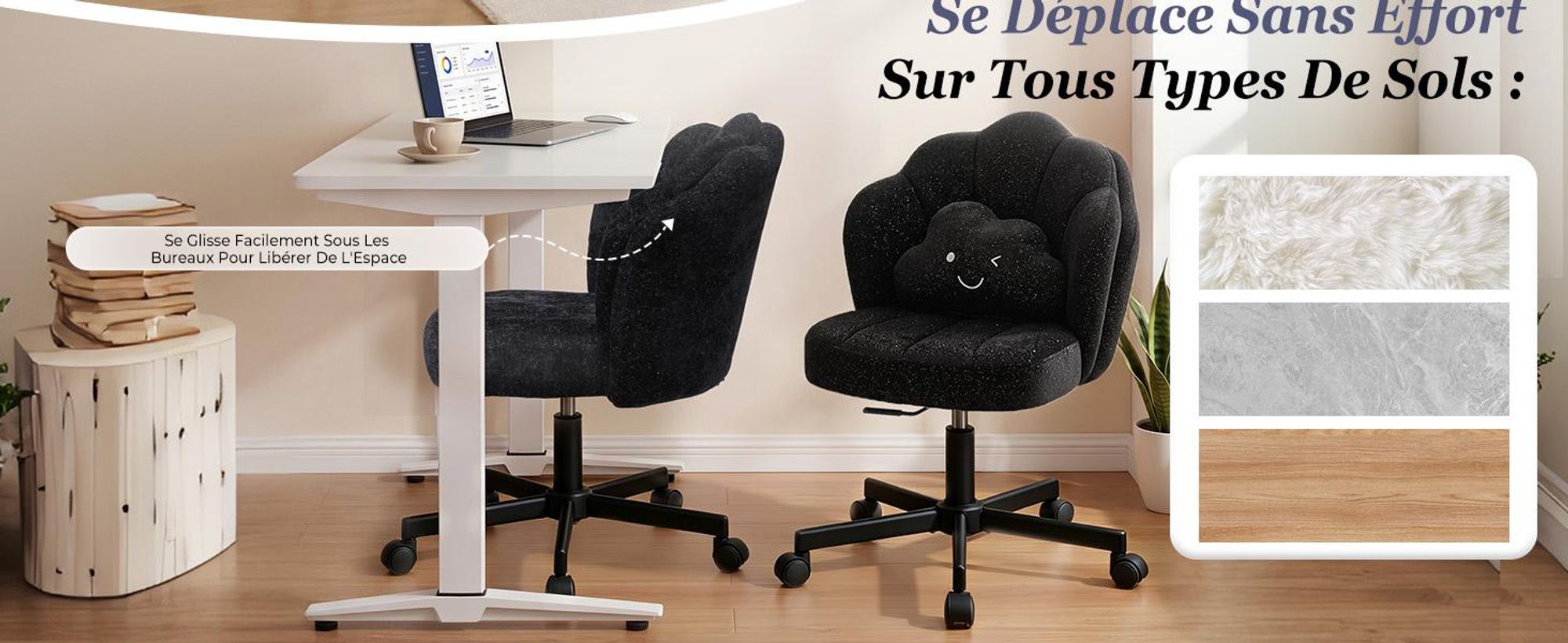 Chaise de bureau COMHOMA, chaise de maquillage à roulettes avec dossier et coussin en forme de nuage, chaise pivotante réglable en hauteur, chenille chatoyante, noir
