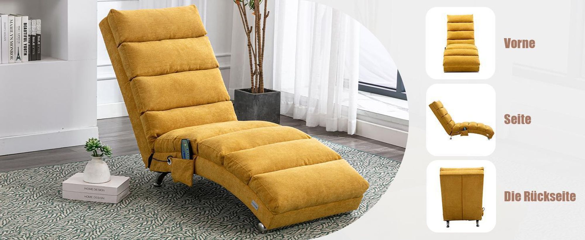LVHOM 5-in-1 Funktion Polsterliege Chaiselongue Relaxliege, Liegesessel mit Schlafen- und Vibrationfunktion, Bodenstuhl aus Leinenbezug, Gelb