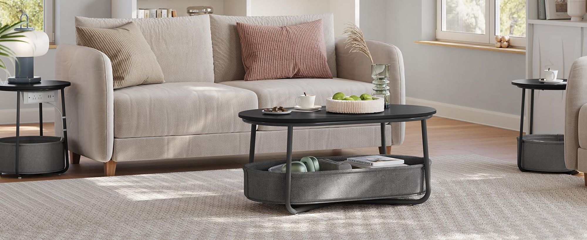 VASAGLE Couchtisch, Beistelltisch, moderner mit Stoffkorb, Wohnzimmer