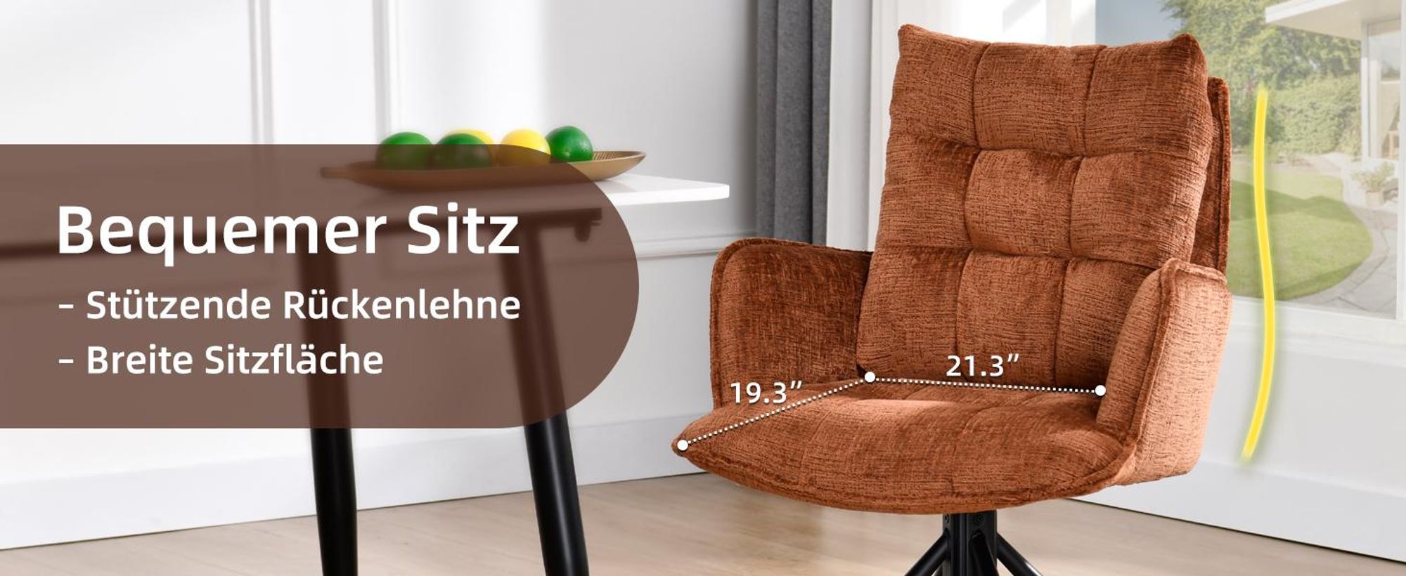 Duhome Esszimmerstuhl 360° Drehbar Loungesessel Chenille Stuhl Ergonomisch Sessel mit Rückstellfunktion für Büro Küche Wohnzimmer Schlafzimmer, Orange