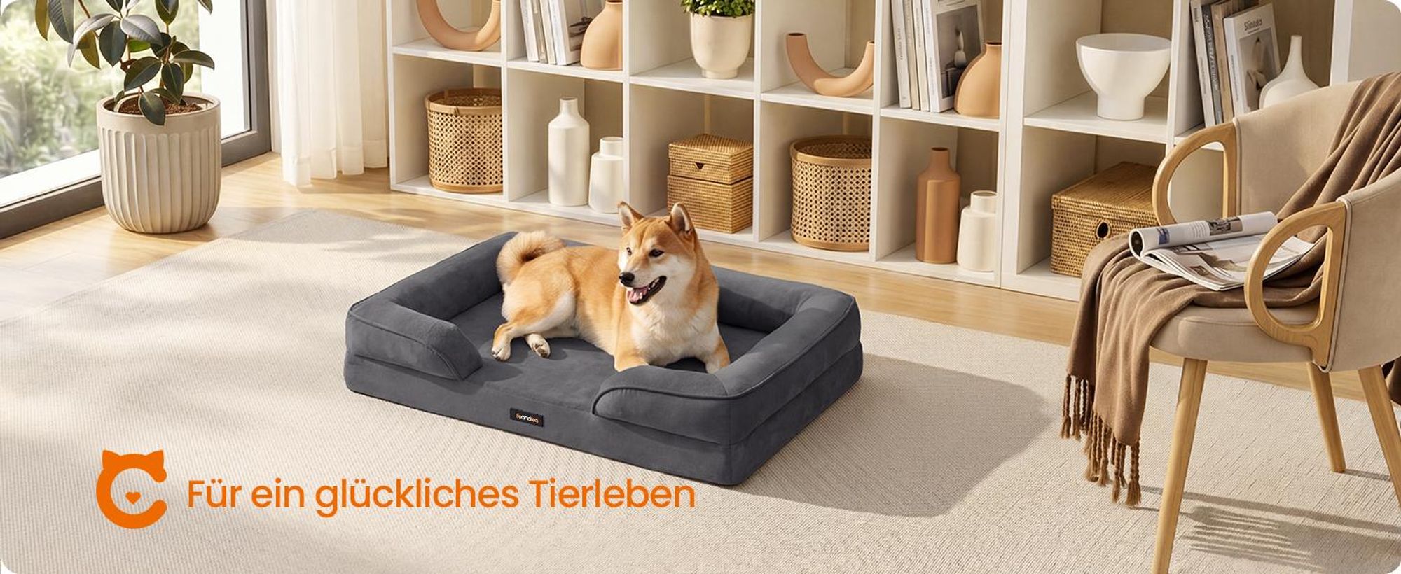 FEANDREA Orthopädisches Hundebett L, abnehmbarer Bezug, erhöhte Ränder, rutschfest, waschbar, Haustierbett, dunkelgrau
