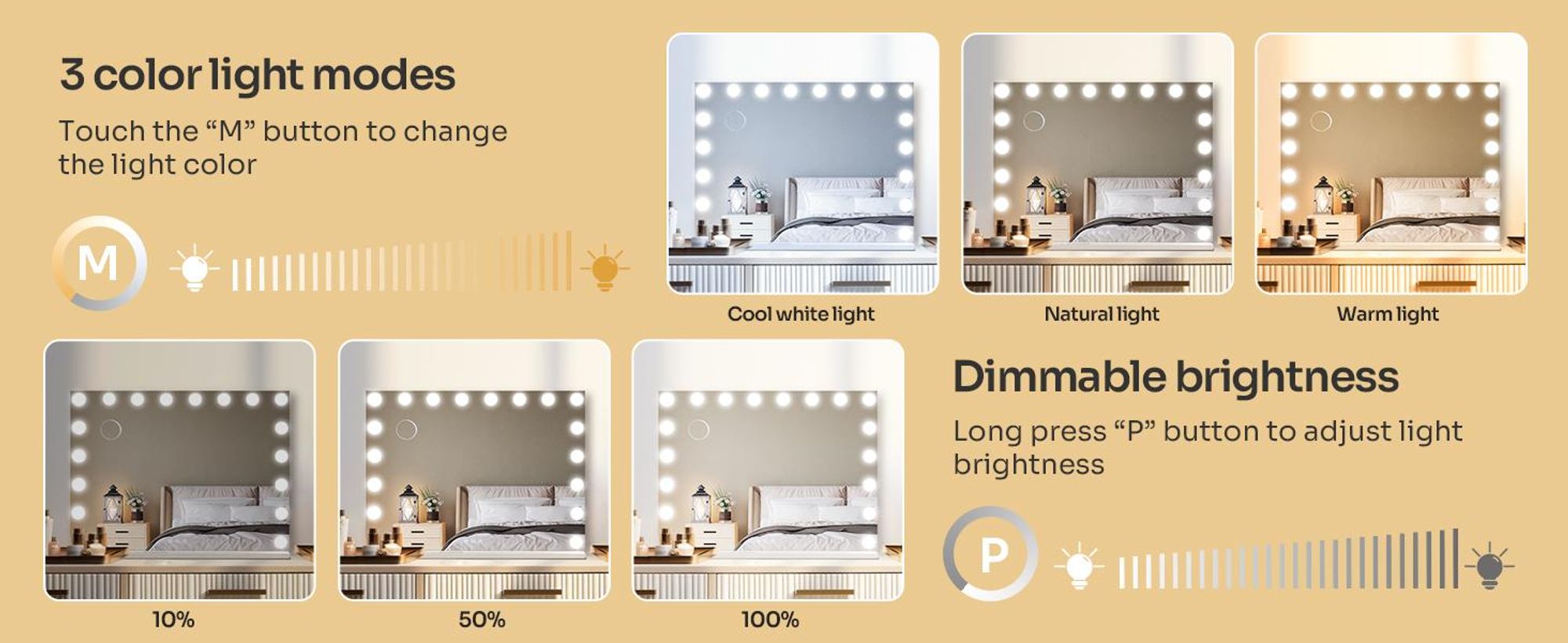 Puluomis toaletní zrcadlo Hollywood 18 LED 80x60cm 3 barvy světla Stmívatelné kosmetické zrcadlo Zrcadlo s osvětlením, 10x nastavitelné rozměry, nástěnné zrcadlo bílé barvy