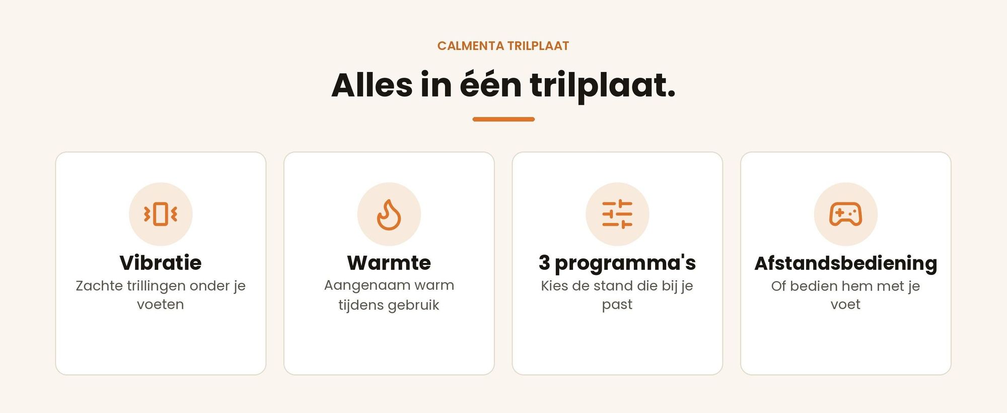 Functies van de Calmenta trilplaat: vibratie, warmte, 3 programma's en afstandsbediening