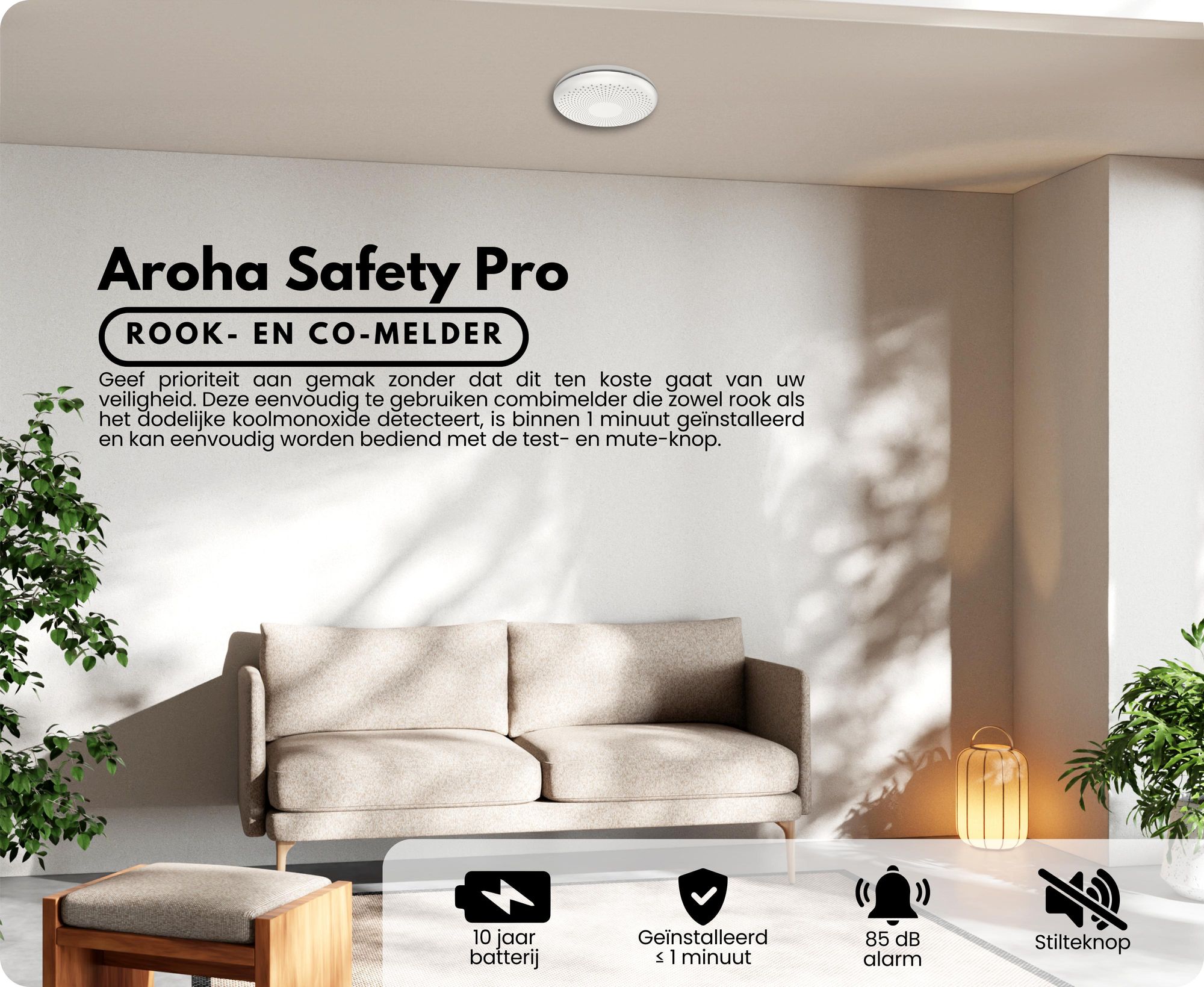 Aroha Safety Pro: Combinatie rookmelder en koolmonoxide (CO)-melder - 10 jaar batterijduur - CO-melder & brandmelder - set van 5