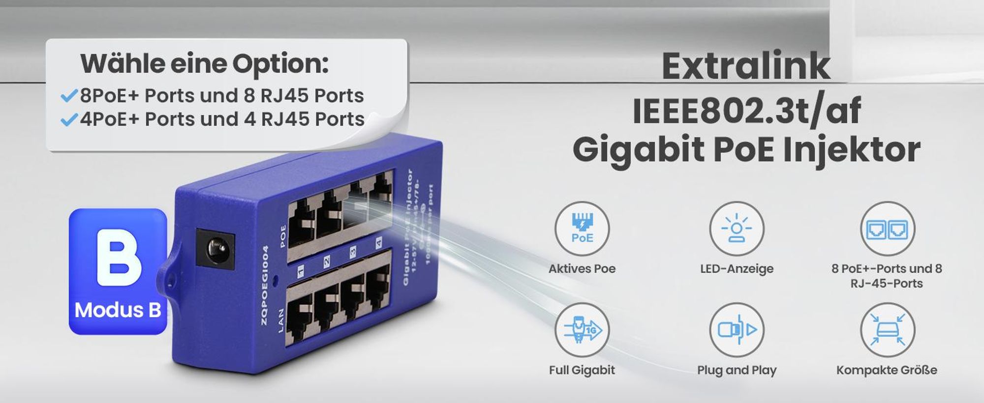 Extralink Gigabit PoE Injector 4x RJ45 für IP Kameras