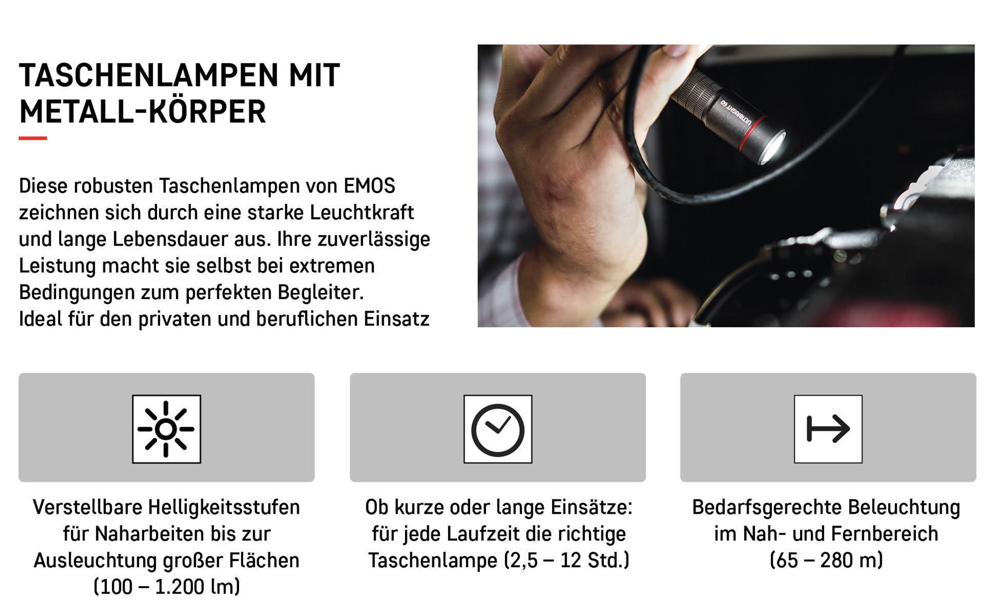 EMOS aufladbare Metall-Taschenlampe mit Fokus, superhelle 600 lm CREE-LED, 230 m Leuchtweite, wasserdicht, 3 Lichtmodi, Band und Beutel, P3180