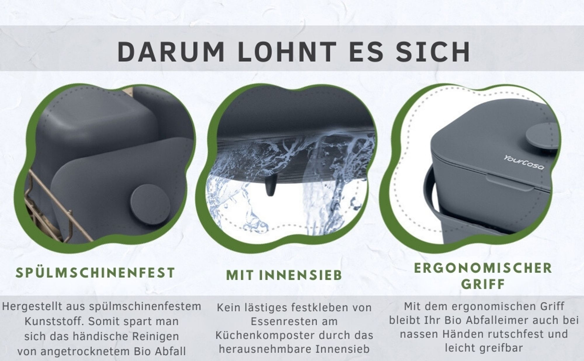 YourCasa Biomülleimer Küche 5L - Komposteimer für alltäglichen Biomüll Spülmaschinenfest mit Sieb & ergonomischen Griff Mint