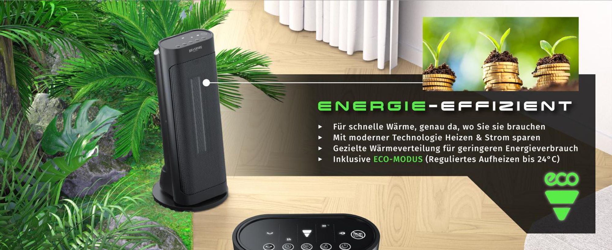 Brandson Heizlüfter 2000W, Keramik Heizlüfter mit Timer & Fernbedienung, 80° Oszillation, Überhitzungsschutz, Automatische Abschaltung, Umkippschutz, 2 Stufen, Schwarz