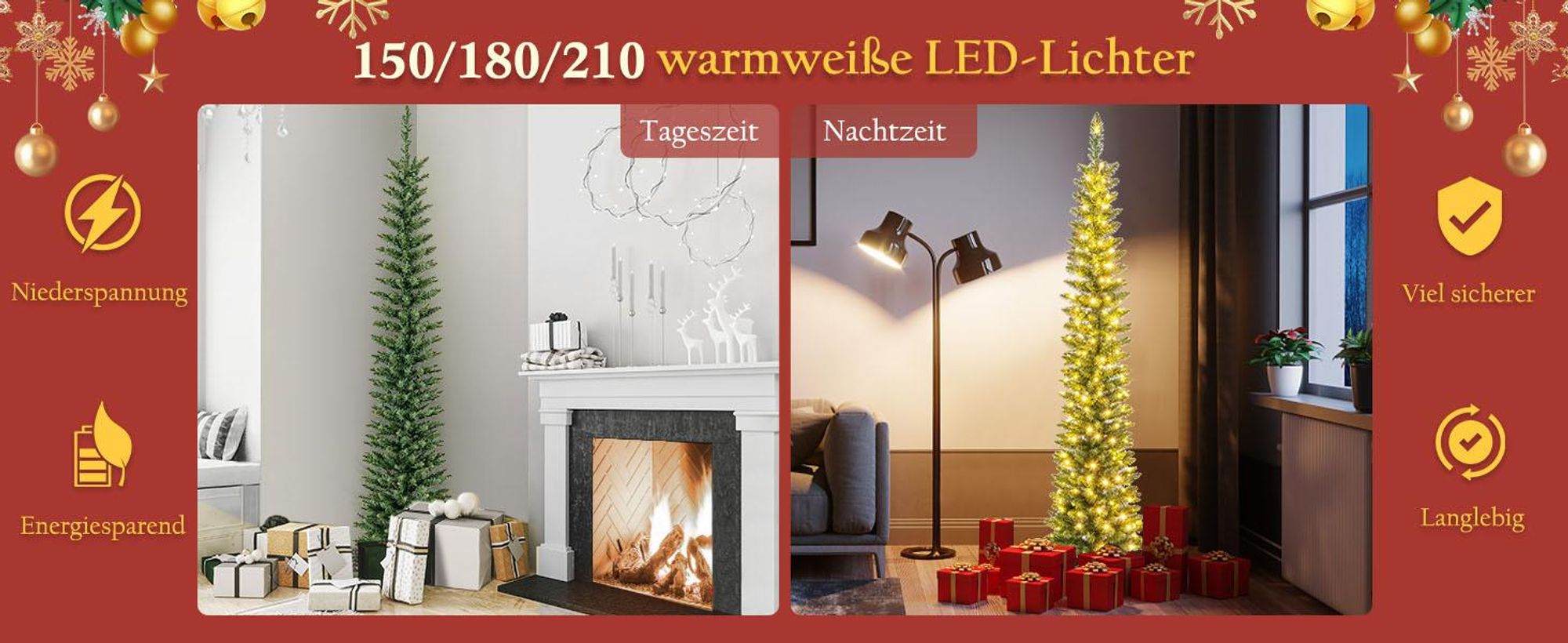COSTWAY 180cm künstlicher Weihnachtsbaum Bleistift, Tannenbaum mit Beleuchtung, LEDs in Warmweiß, schlanker Christbaum für Weihnachten, Kunstbaum mit Metallständer, Grün