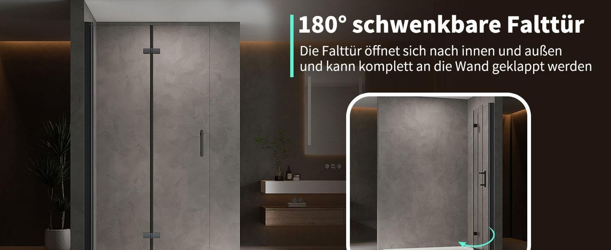 Duschabtrennung Walk in Falttür Dusche 120 x 195cm Faltbar & Drehbar Duschwand 6mm ESG NANO Glas Duschtrennwand Schwarz Glaswand