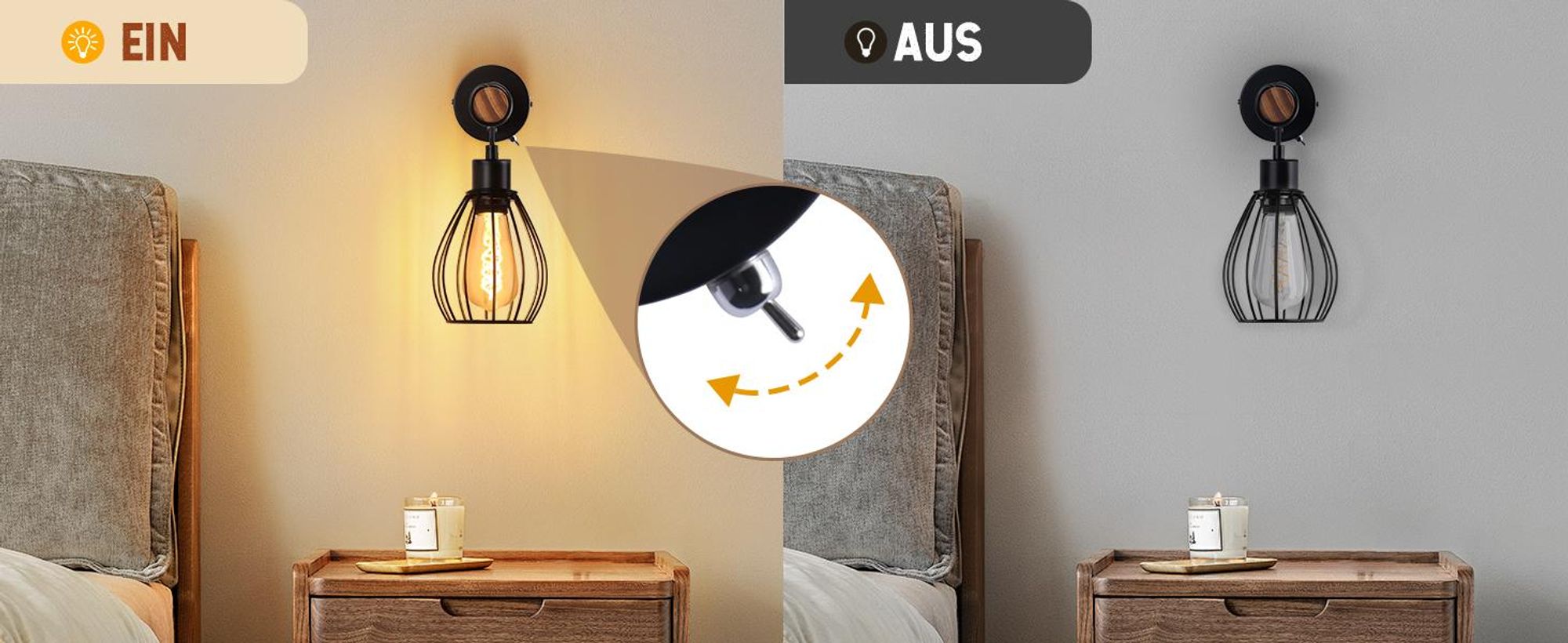 ZMH Wandlampe Schwarz Wandleuchte mit Schalter Vintage Holz Wandbeleuchtung E27 industrial Wandstrahler Metall Retro Bettlampe Ohne Leuchtmittel