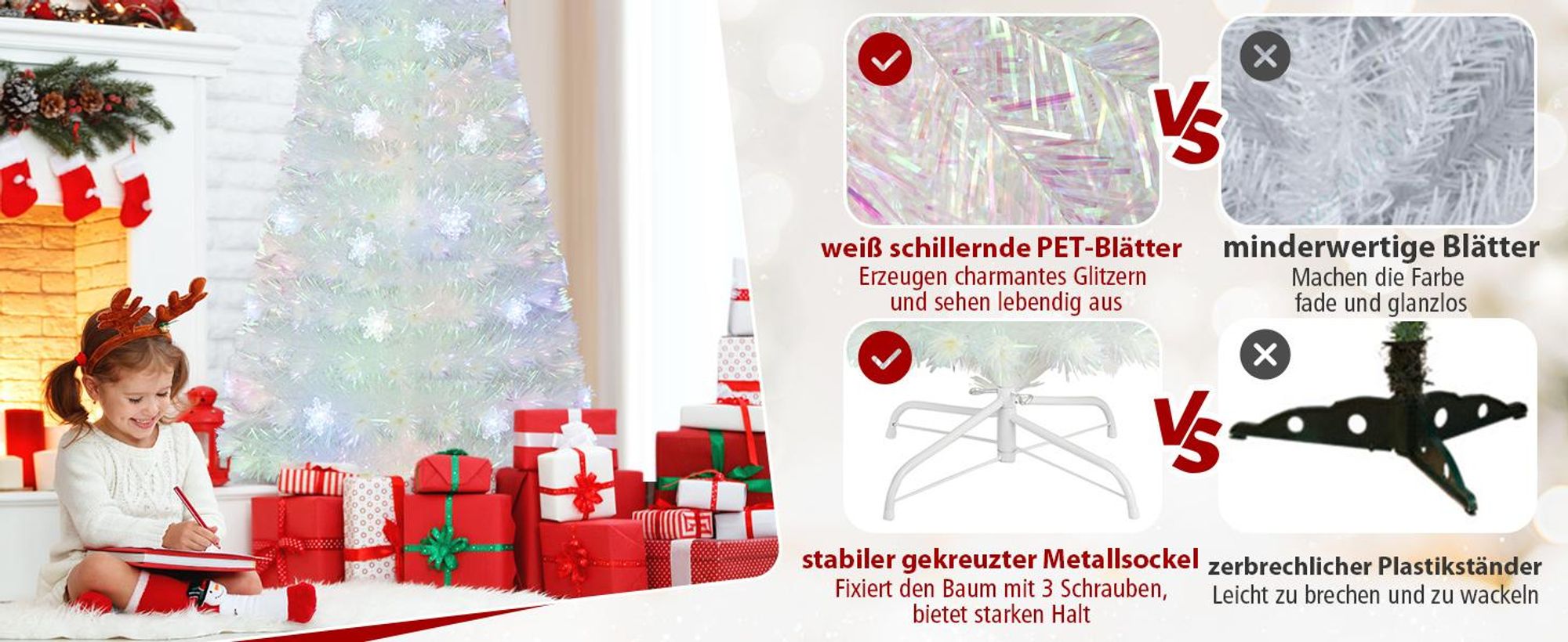 COSTWAY Weihnachtsbaum Künstlich mit Beleuchtung, Tannenbaum mit bunten LED-Lichtern & Glasfaser & Sternspitze, Christbaum für Zuhause Büro Geschäfte Hotels, Weiß (150 cm)