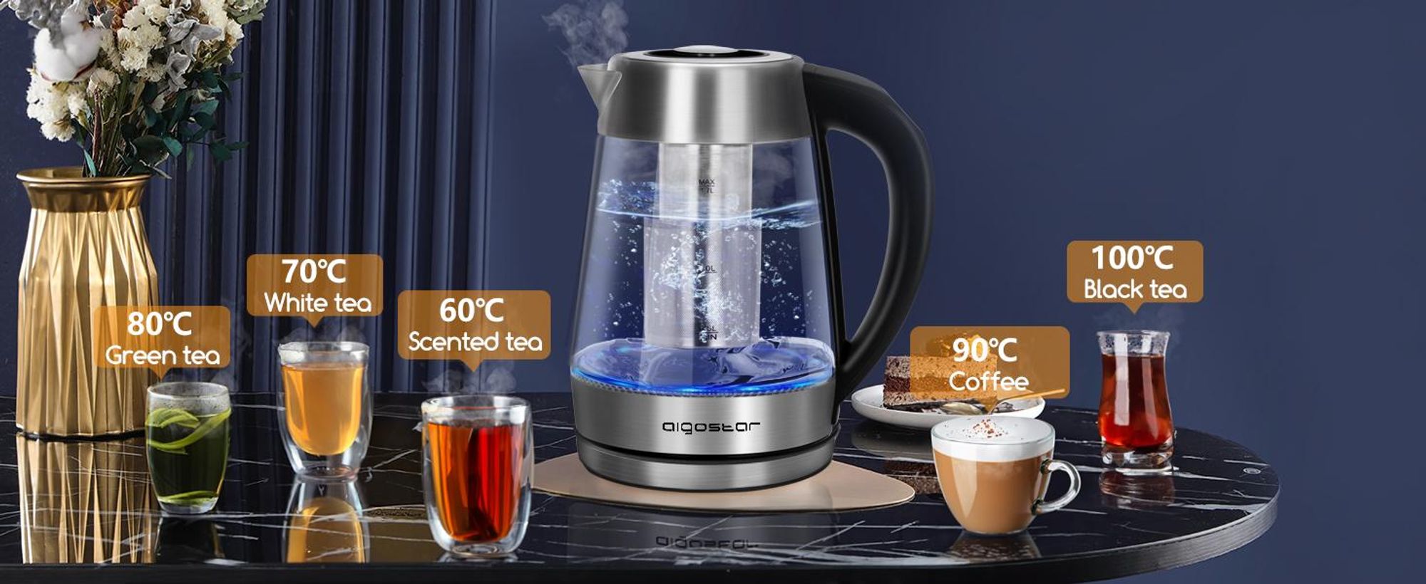 Aigostar - Glas Wasserkocher mit Temperatureinstellung 60°C-100°C, LED Beleuchtung im Farbwechsel, 2200W, 1,7 L, 120 Minuten Warmhaltefunktion