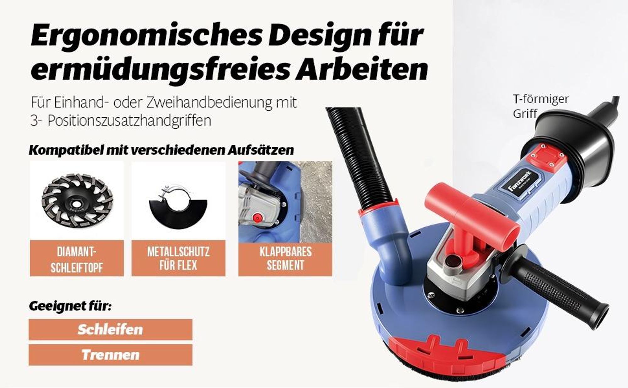 Betonschleifer Betonfräse 2100W inkl. 180mm Diamantschleiftopf *2, Absaughaube, Tragbox