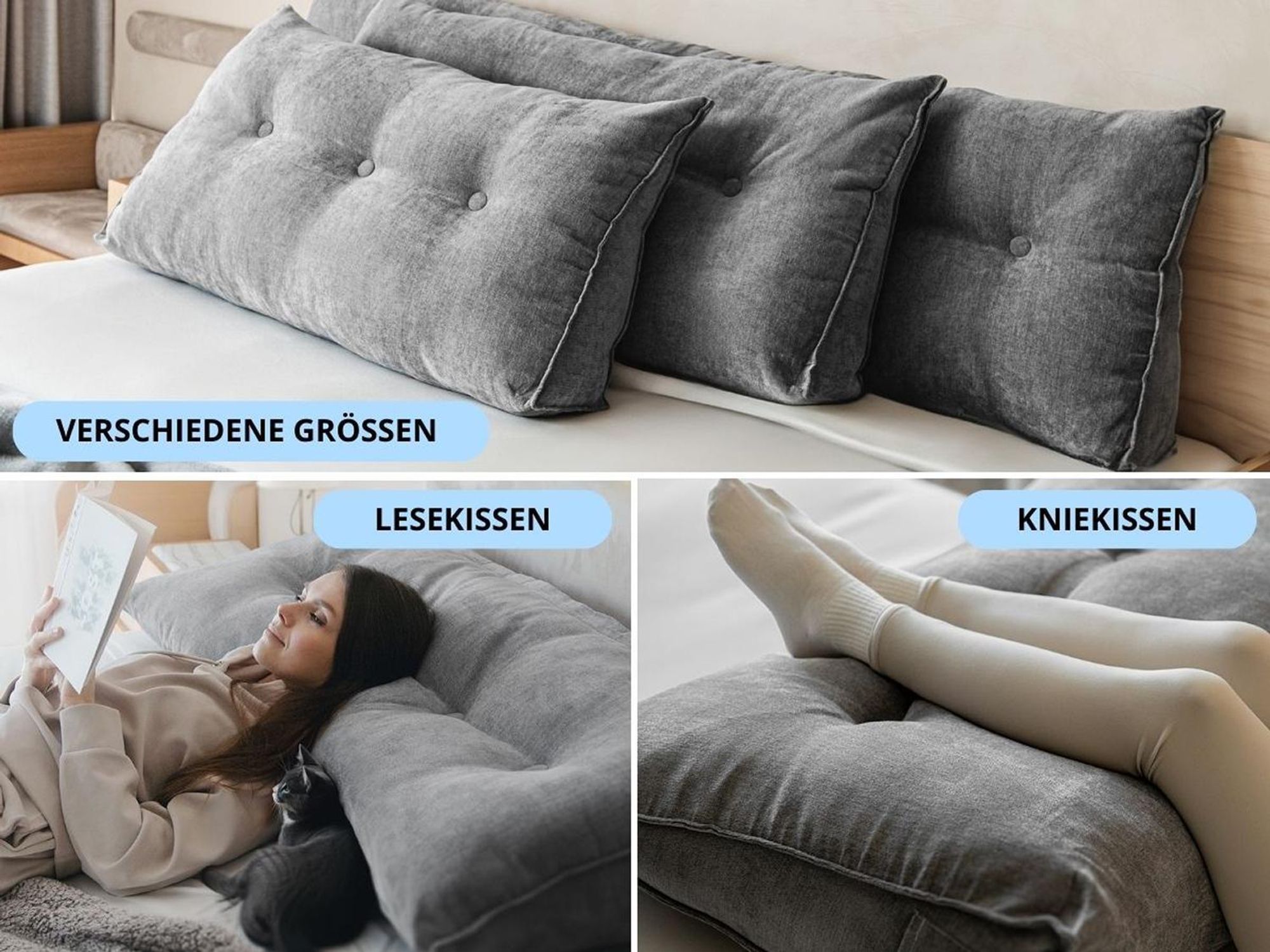 Collage mit verschiedenen Kissengrößen, Nutzung als Lesekissen und Kniekissen.