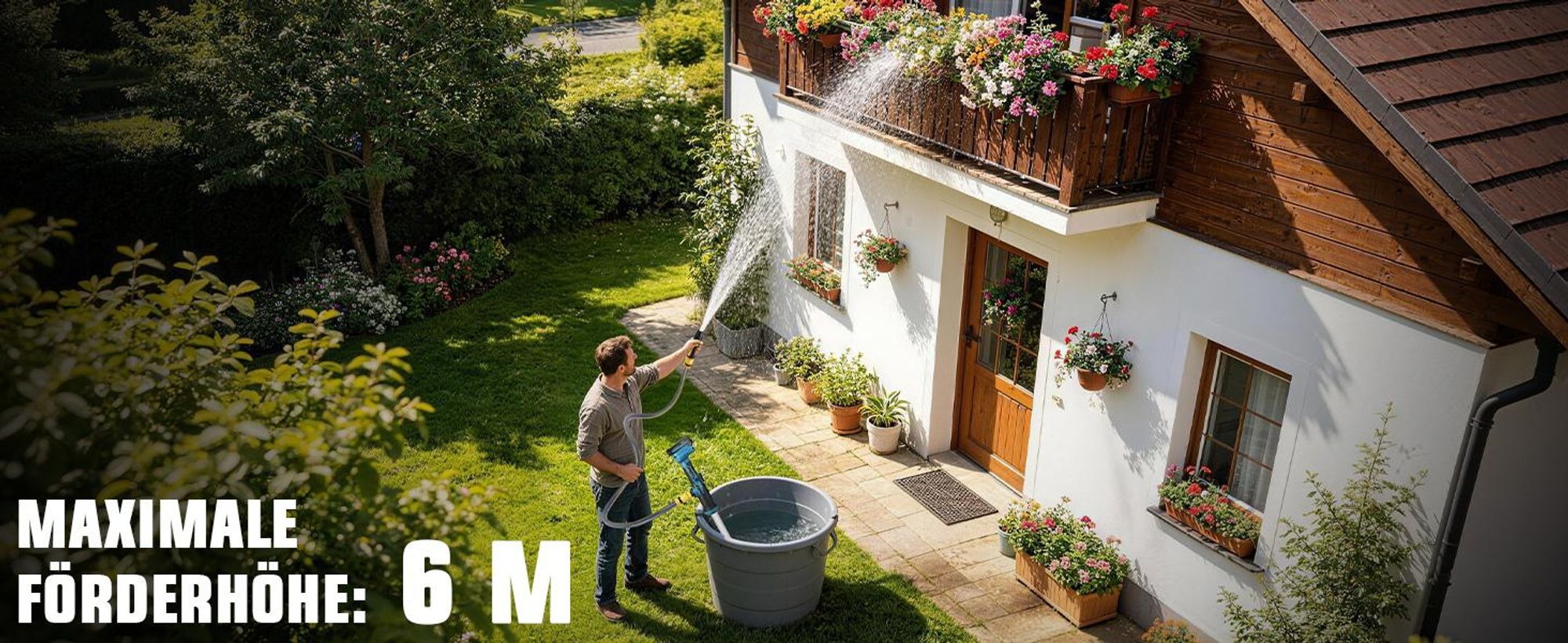 3000 L/h Akku Regenfasspumpe mit 2×2.0Ah Akku & Gartensprühdüse Kabellose Stab-Transferpumpe Elektro Wasserpumpe für Pool/Garten/Teich/Wohnmobil/Boot