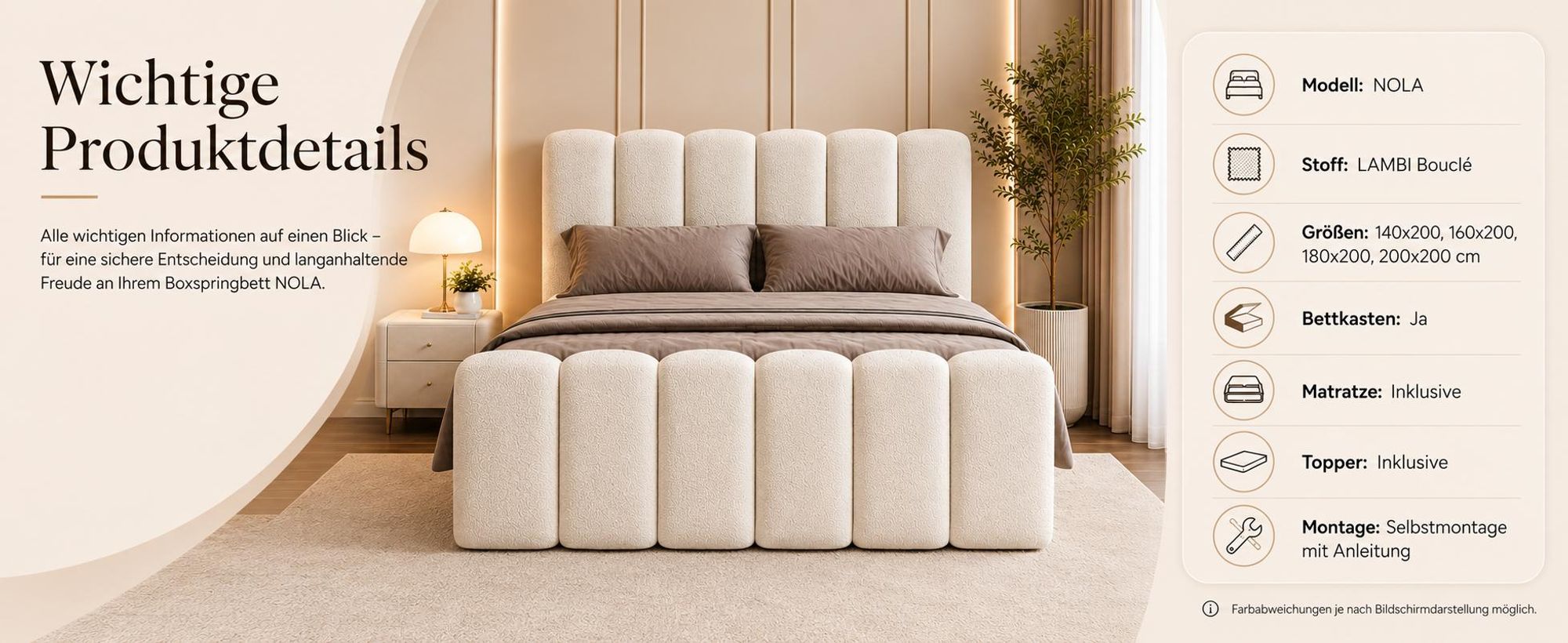 Boxspringbett 160x200 mit Bettkasten NOLA, Komplett-Set mit Bonell-Matratze H3 und Topper, Bouclé Creme
