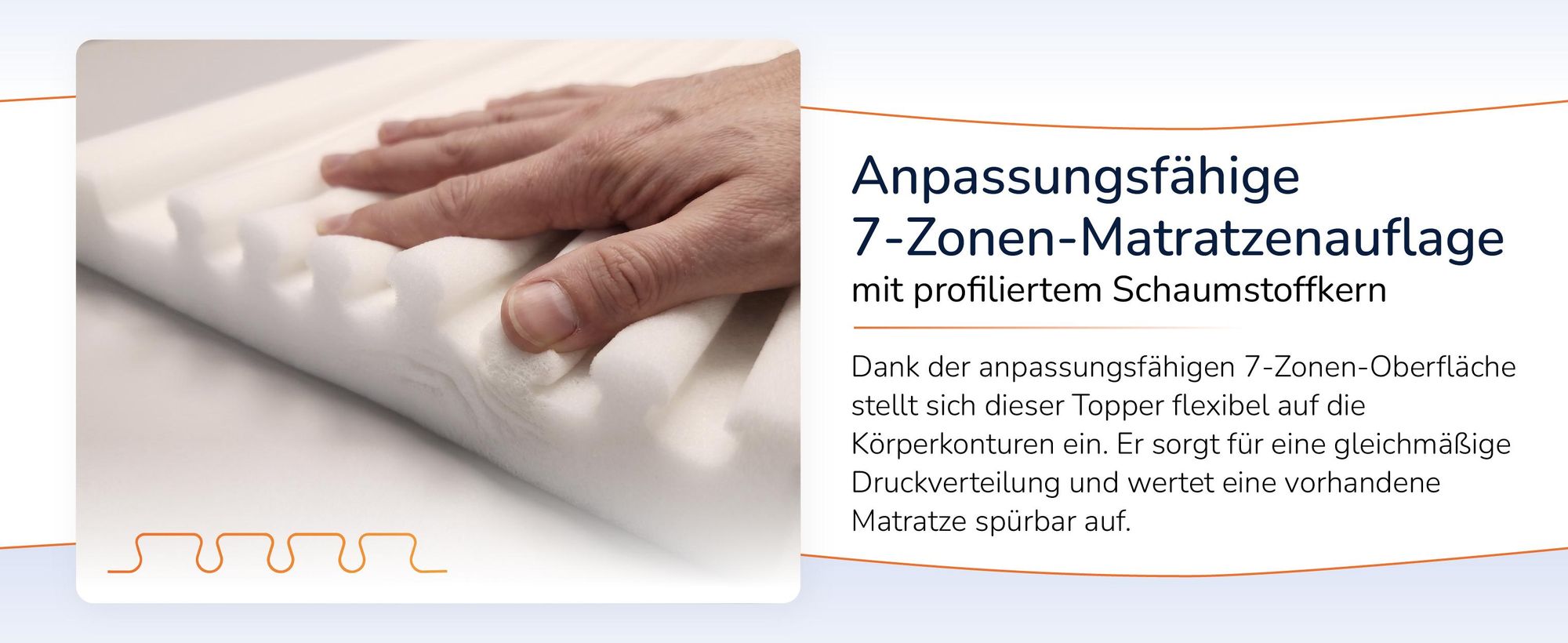 Hand drückt auf den profilierten Schaumkern, Zonenschnitt im Querschnitt