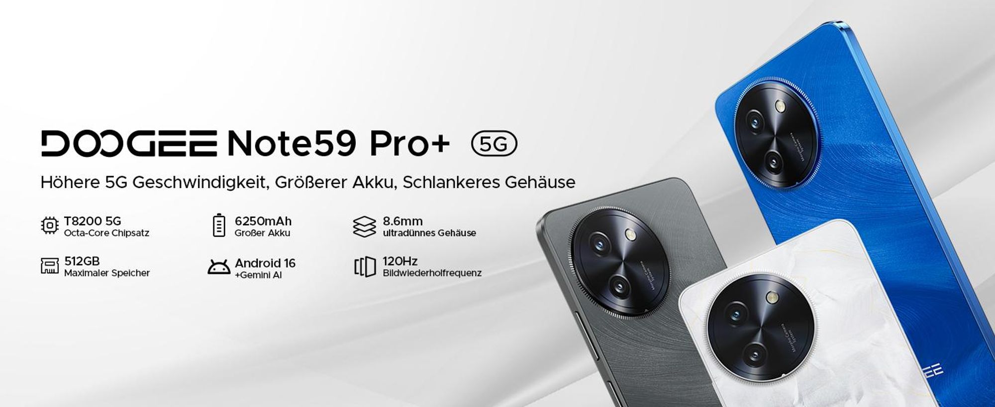 DOOGEE Note59 Pro+ Smartphone Handy, 5G, Android 16, 6,75" 120Hz, 6250mAh, 36+512GB, 50MP, 18W, Octa-Core, NFC, Fingerabdruck, Dual-SIM, ohne Vertrag