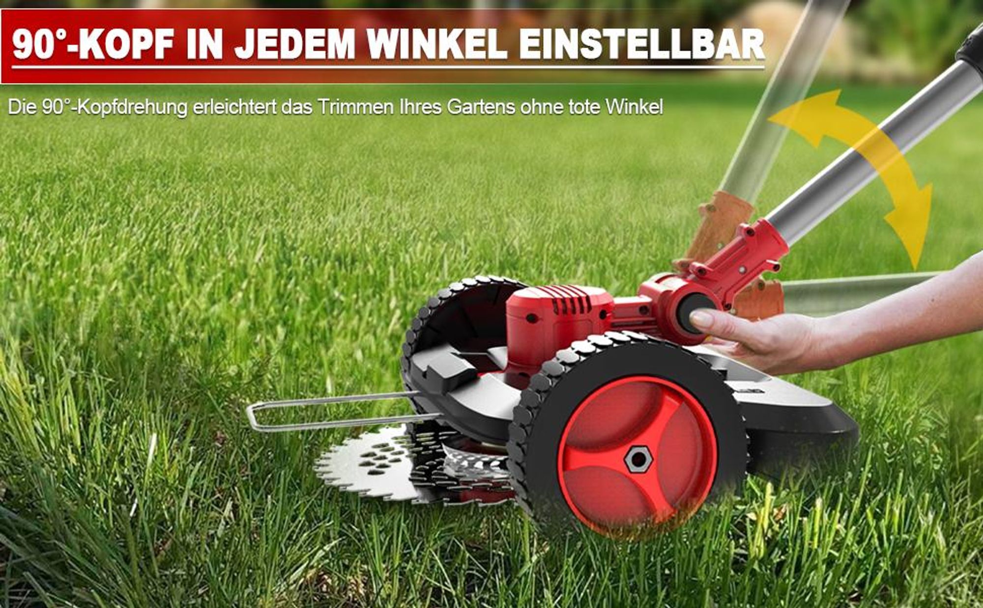 Akku Rasentrimmer mit 2× 4000mAh Akku 21V, 750W Bürstenloser Motor Rasentrimmer mit Unkrautbürste, Freischneider Akku & Ladegerät | Rot