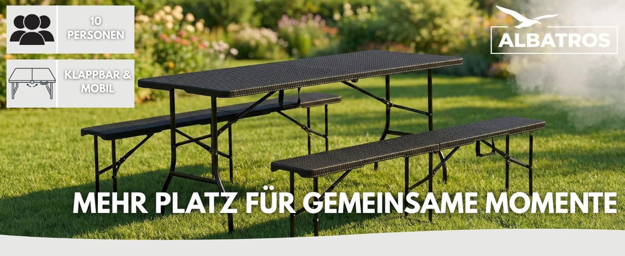 Albatros Bierzeltgarnitur Rattan – robuste Biertischgarnitur Klappbar und hohe Tragkraft – Set aus 2x Bierbank und 1x Biertisch für bis zu 10 Personen – Bierbankgarnitur
