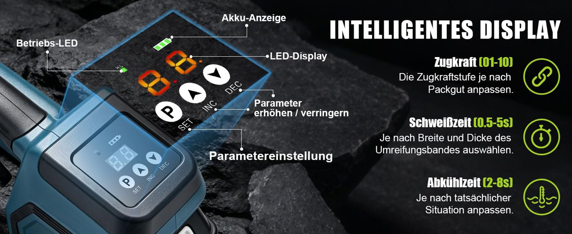 3500N Elektrische Umreifungsmaschine für 10-16mm PET/PP Bänder Akku Umreifungsgerät mit 2 x 5000mAh & Digitaldisplay Bündelungswerkzeug Umreifungsset
