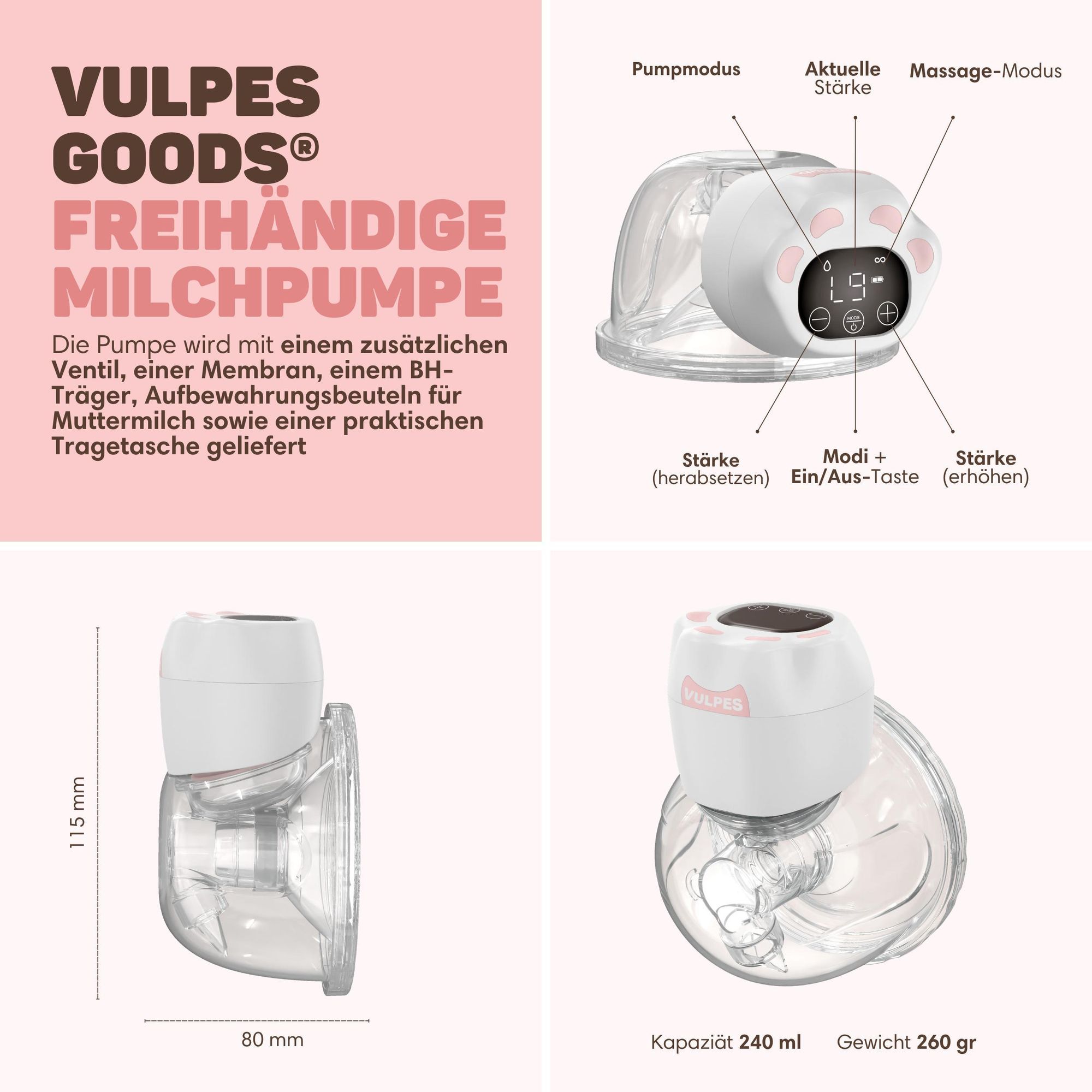Vulpes Goods®Pro Elektrische Milchpumpe|Freihändige Pumpe mit abwechselnder Massage&Abpumpen für Komfort|Wiederaufladbare Milchpumpe mit1500mAhAkku
