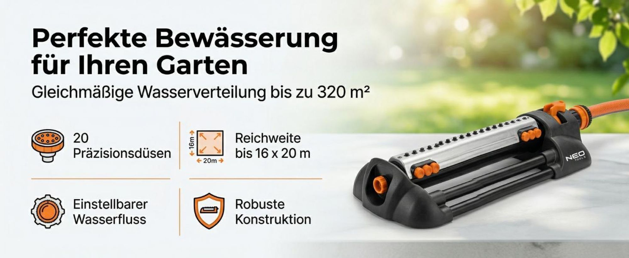 NEO TOOLS Rasensprenger bis 320 m2, Sprengbreite bis 20 m x 16 m, 20 Auslassdüsen - Oszillationssprenger für den Garten