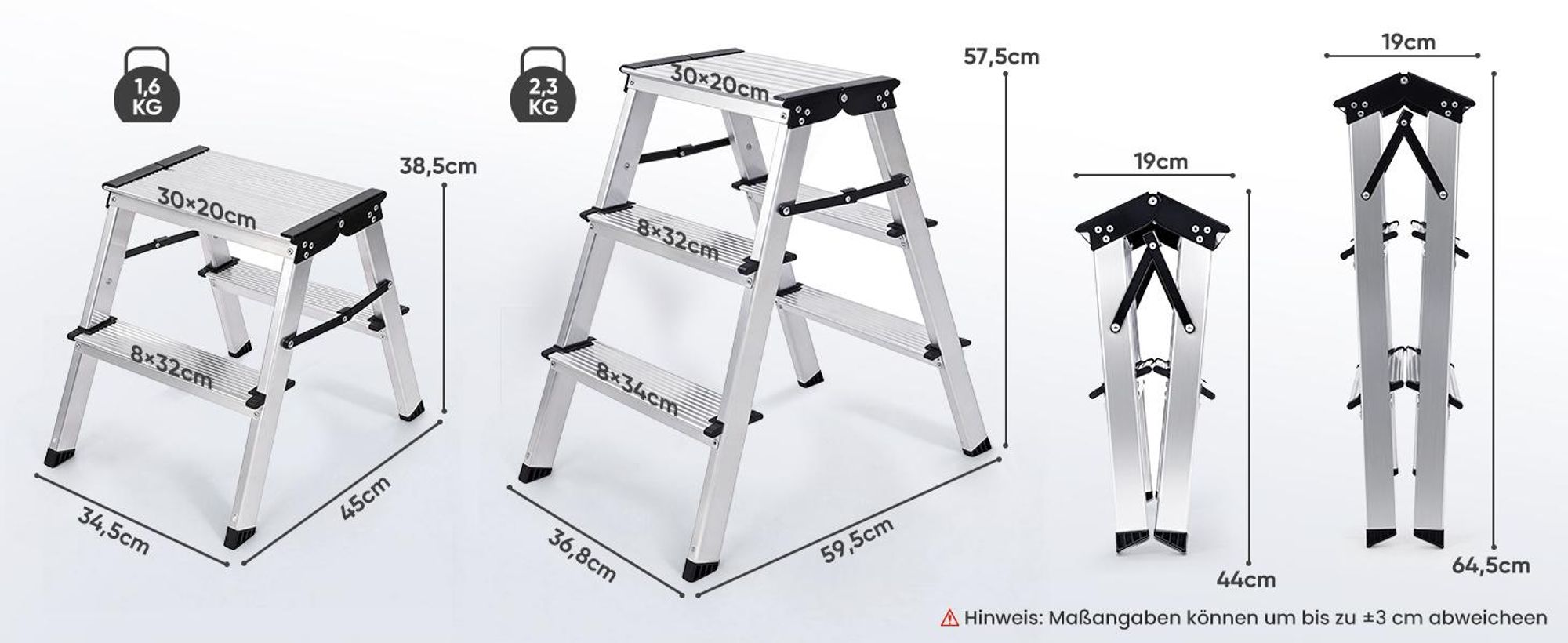 Sekey Trittleiter 2 Stufen klappbar aus Aluminium, bis 150 kg belastbar, für Haushalt & Küche